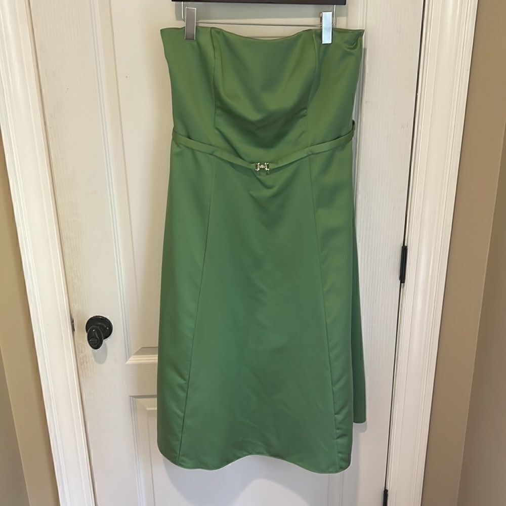 Michelangelo green strapless dress with rhinestone belt